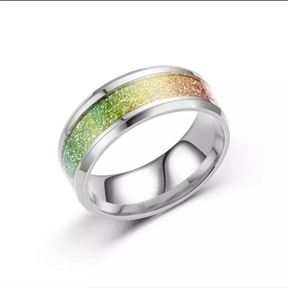 size 10 rainbow glitter stainless steel silver tone unisex ring